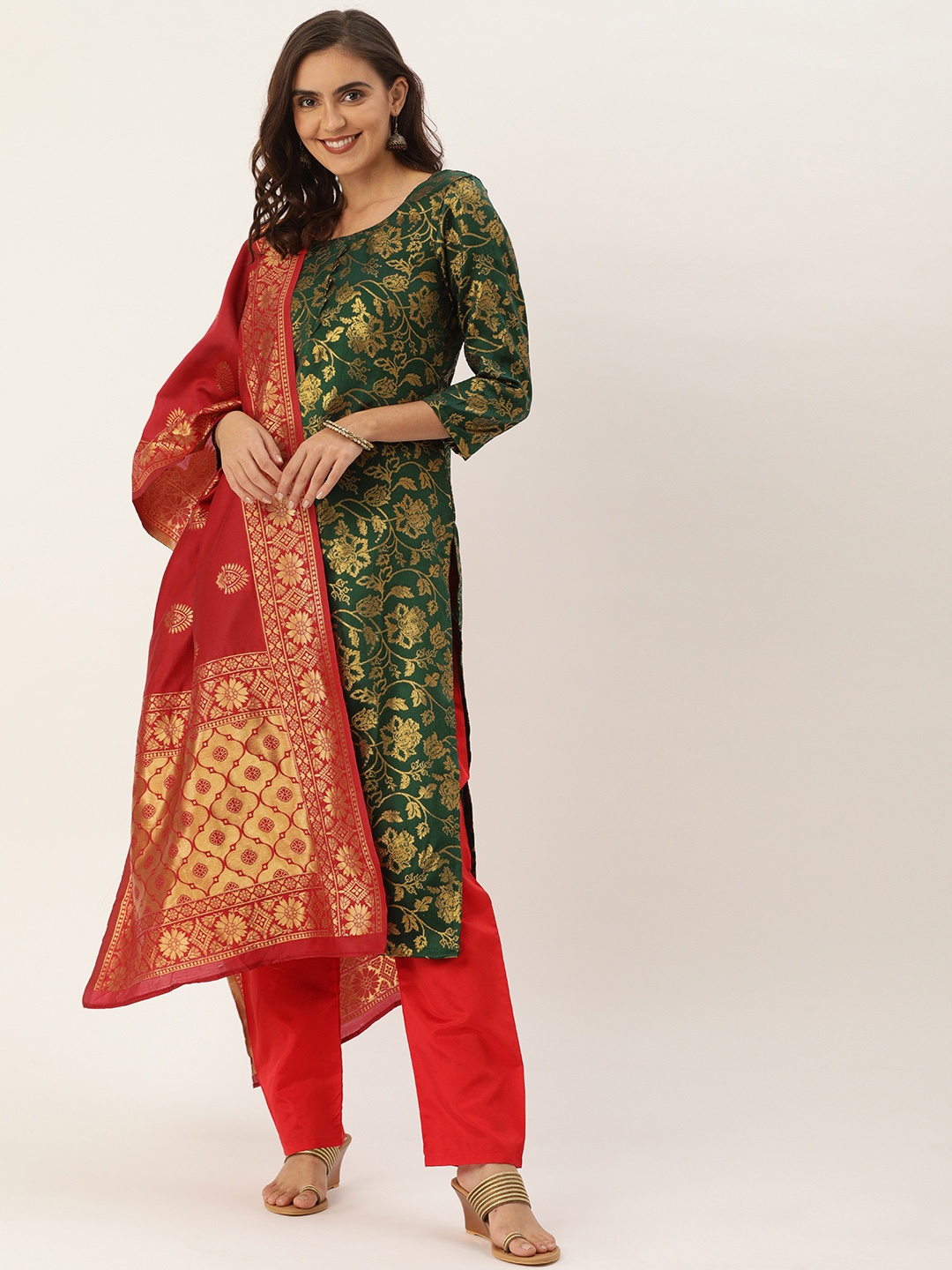 

Kvsfab Green & Red Woven Design Unstitched Dress Material