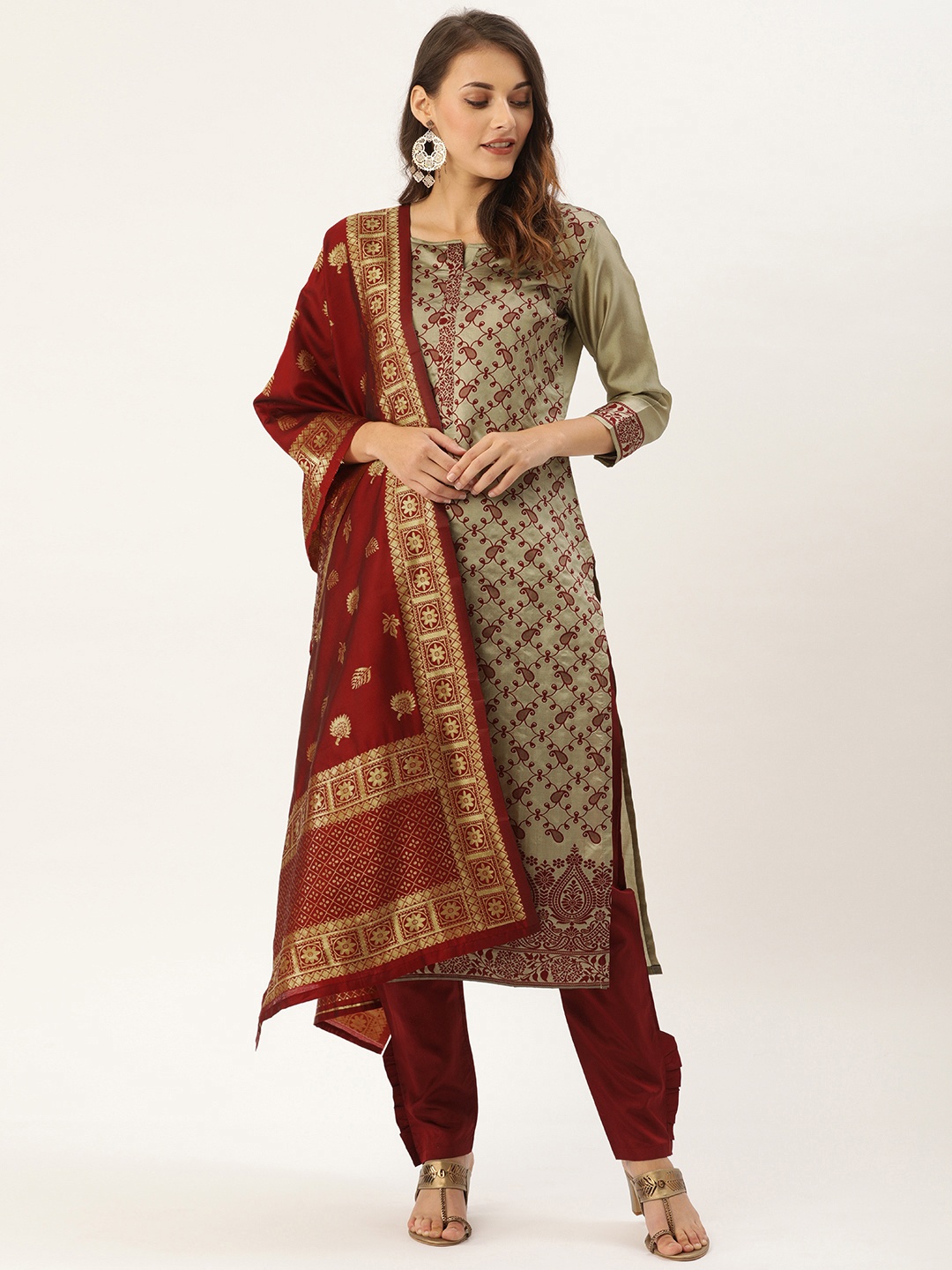 

Kvsfab Grey & Maroon Silk Crepe Unstitched Dress Material