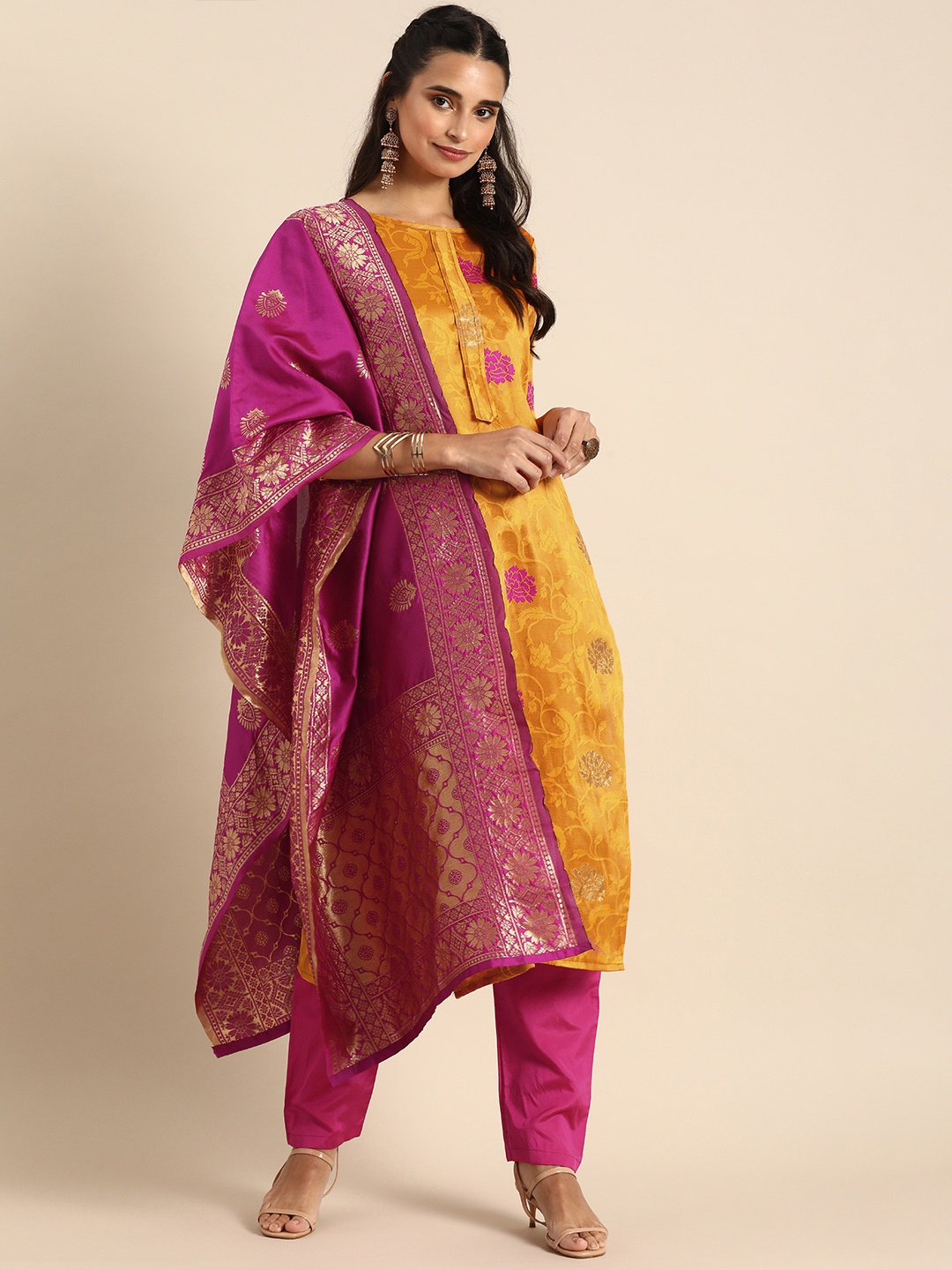 

Kvsfab Orange & Pink Woven Design Unstitched Dress Material