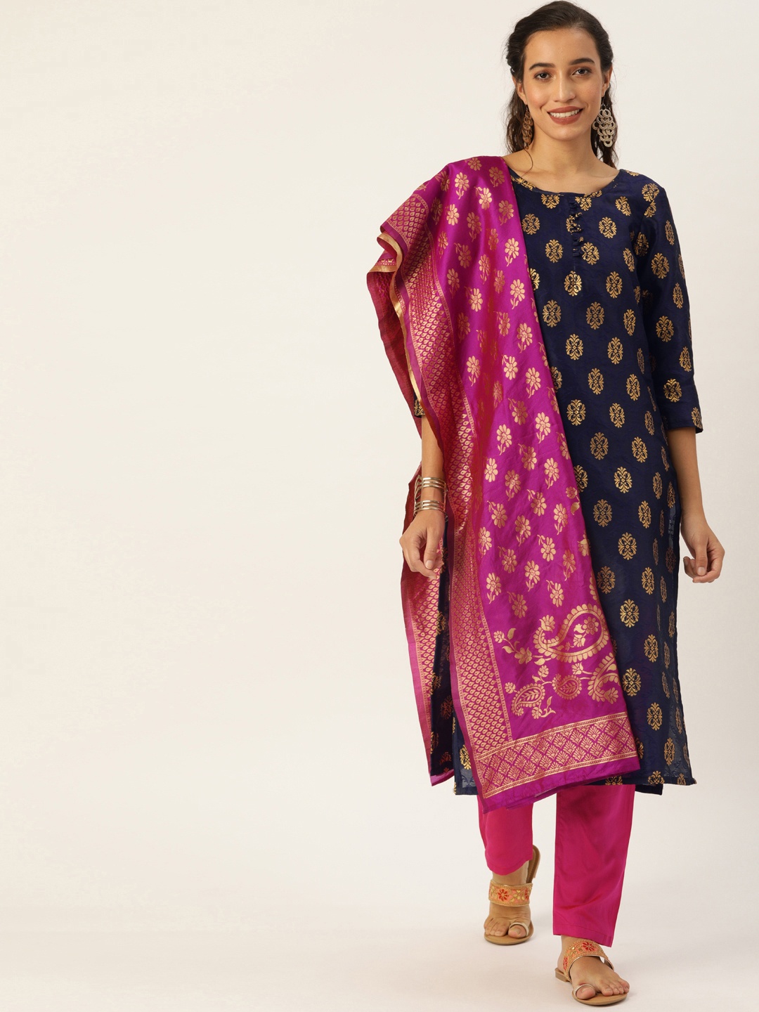 

Kvsfab Navy Blue & Pink Woven Design Unstitched Dress Material