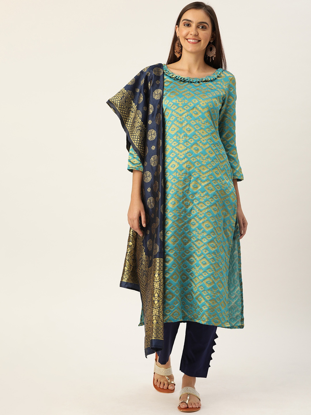 

Kvsfab Turquoise Blue & Navy Blue Silk Crepe Unstitched Dress Material