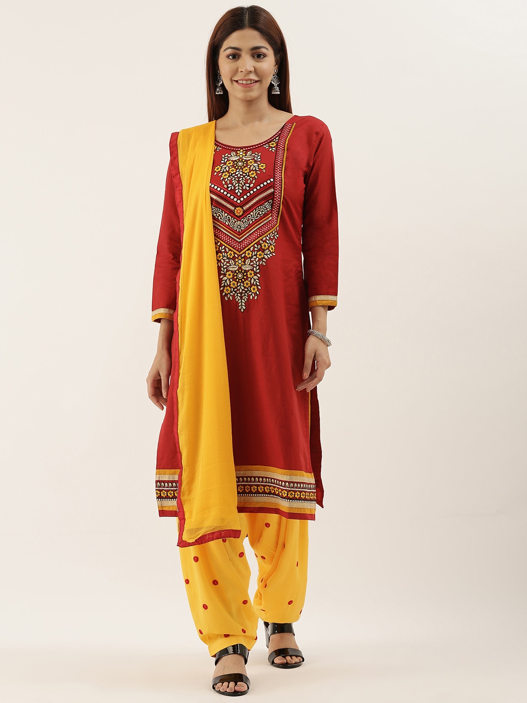 

Kvsfab Maroon & Yellow Cotton Blend Unstitched Dress Material