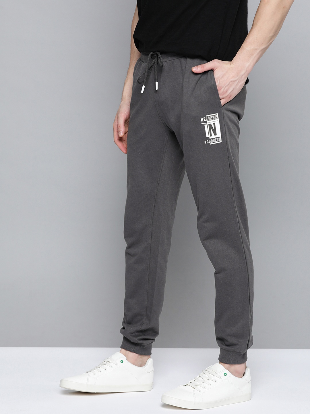 

Mast & Harbour Men Charcoal Grey Pure Cotton Straight Fit Solid Joggers