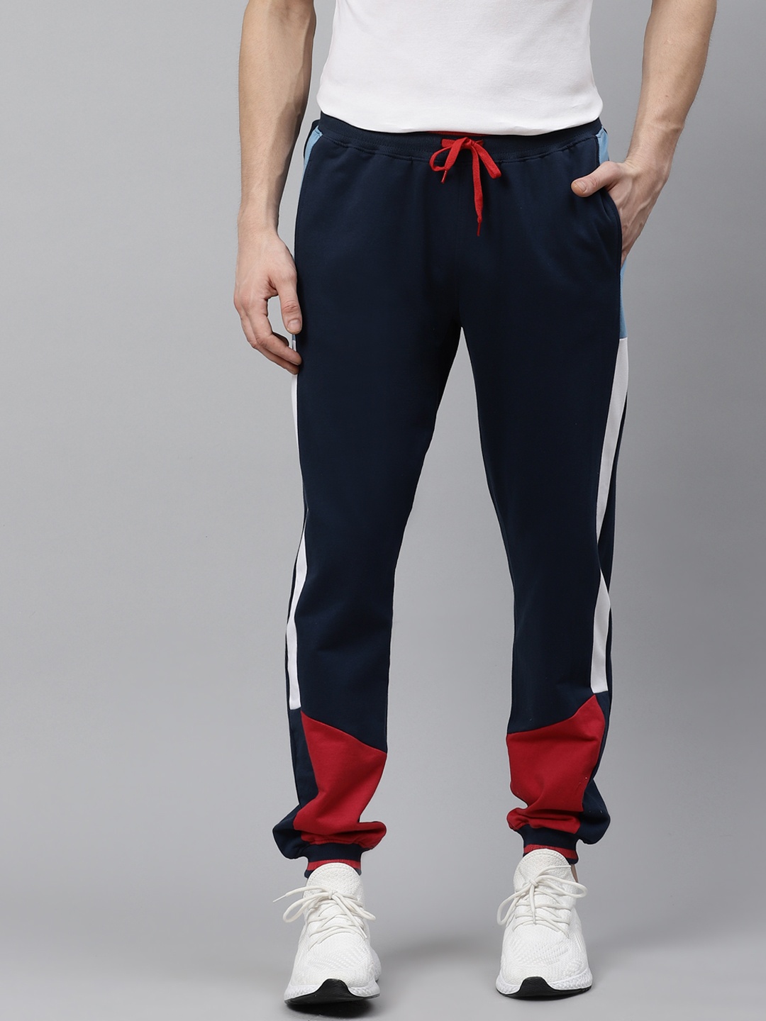 

Mast & Harbour Men Navy Blue Pure Cotton Colourblocked Joggers