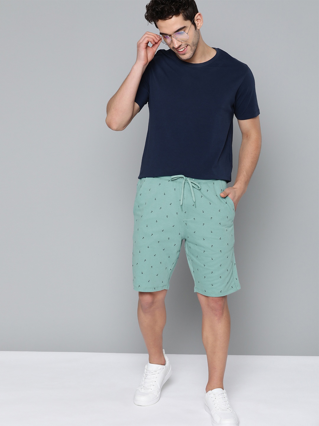 

Mast & Harbour Men Green & Navy Blue Micro Anchor Print Regular Fit Cotton Knitted Shorts