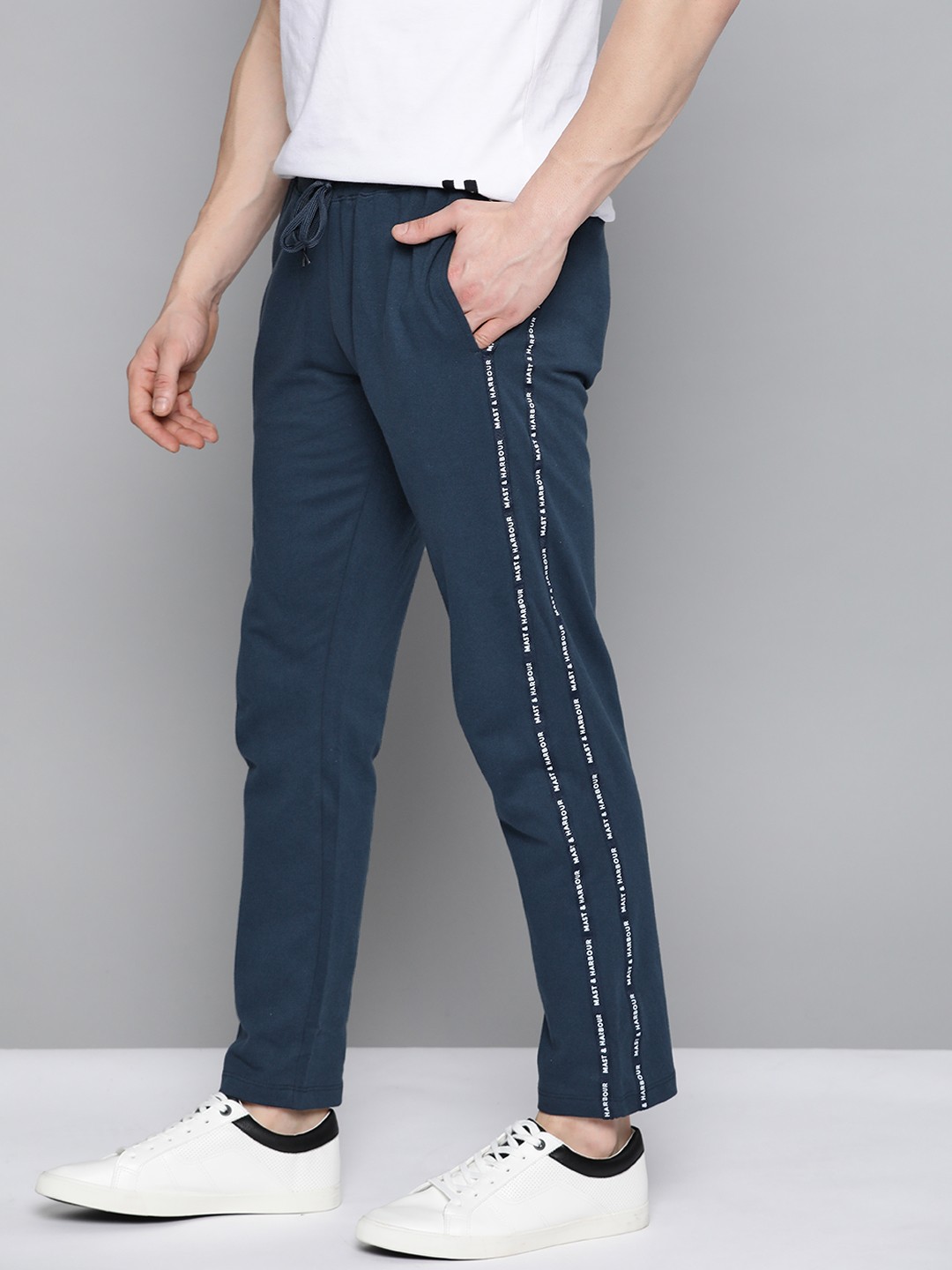 

Mast & Harbour Men Navy Blue Straight Fit Solid Pure Cotton Track Pants