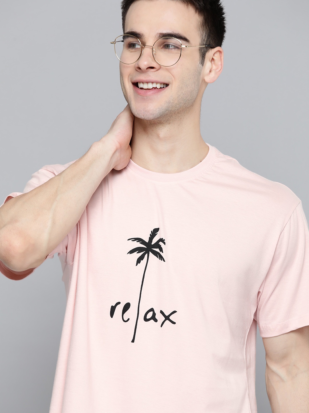 

Mast Harbour Men Pink Black Printed Round Neck Pure Cotton T-shirt