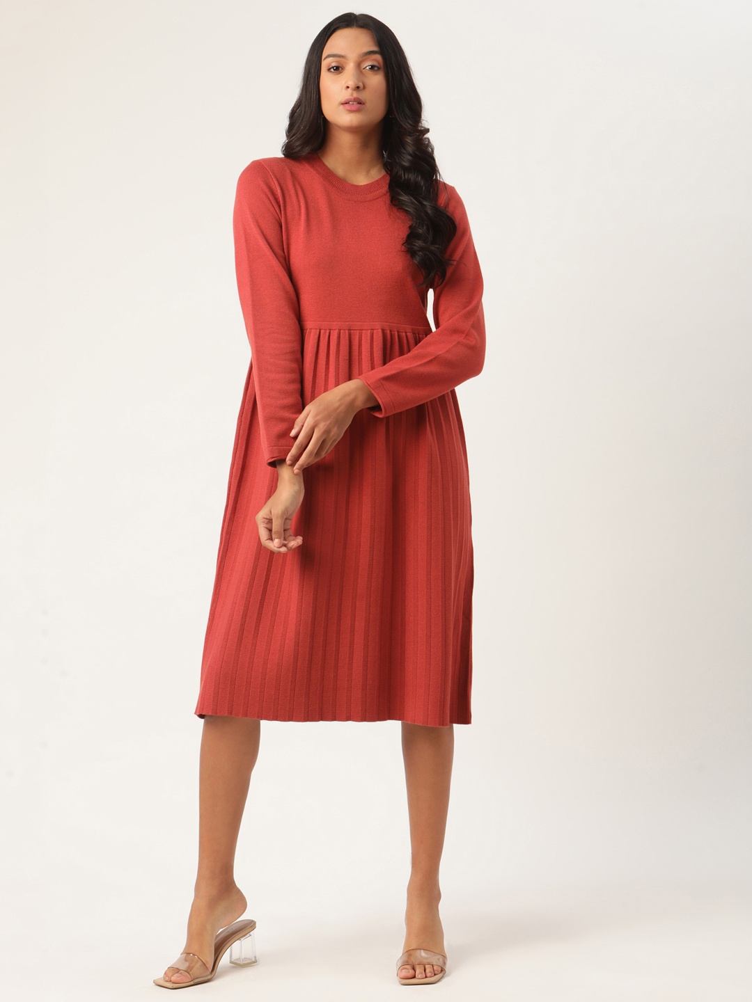 

ROOTED Women Rust Orange Solid Fit and Flare Dress