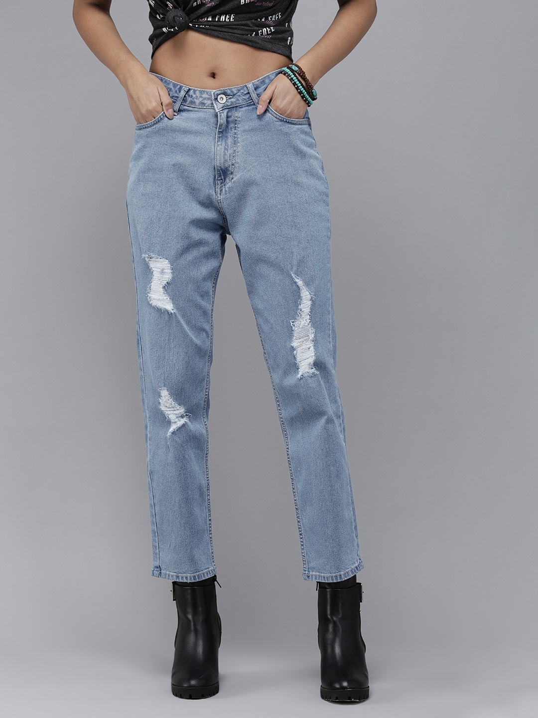 

The Roadster Lifestyle Co Women Blue Boyfriend Fit High-Rise Mildly Distressed Stretchable Jeans