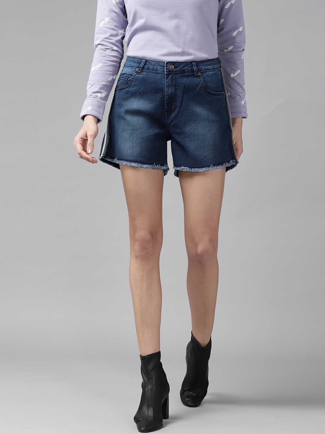 

The Roadster Lifestyle Co Women Navy Blue Solid Denim Shorts with Side Taping