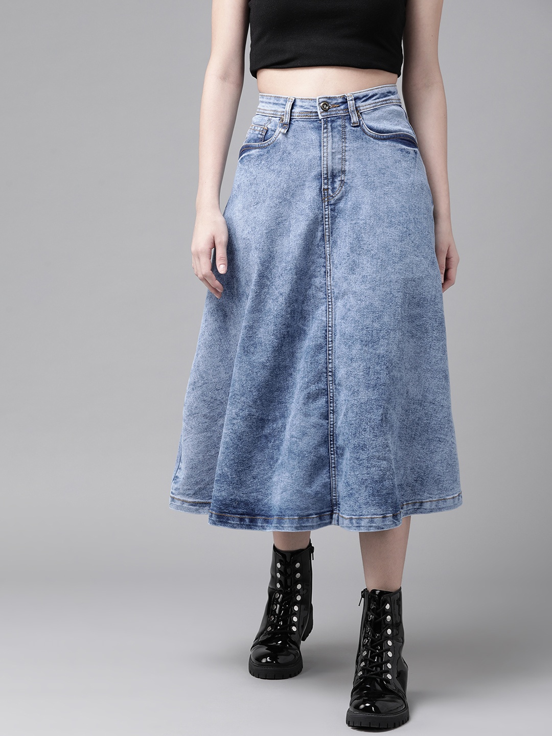 

The Roadster Lifestyle Co Women Blue Solid Flared Denim Skirt