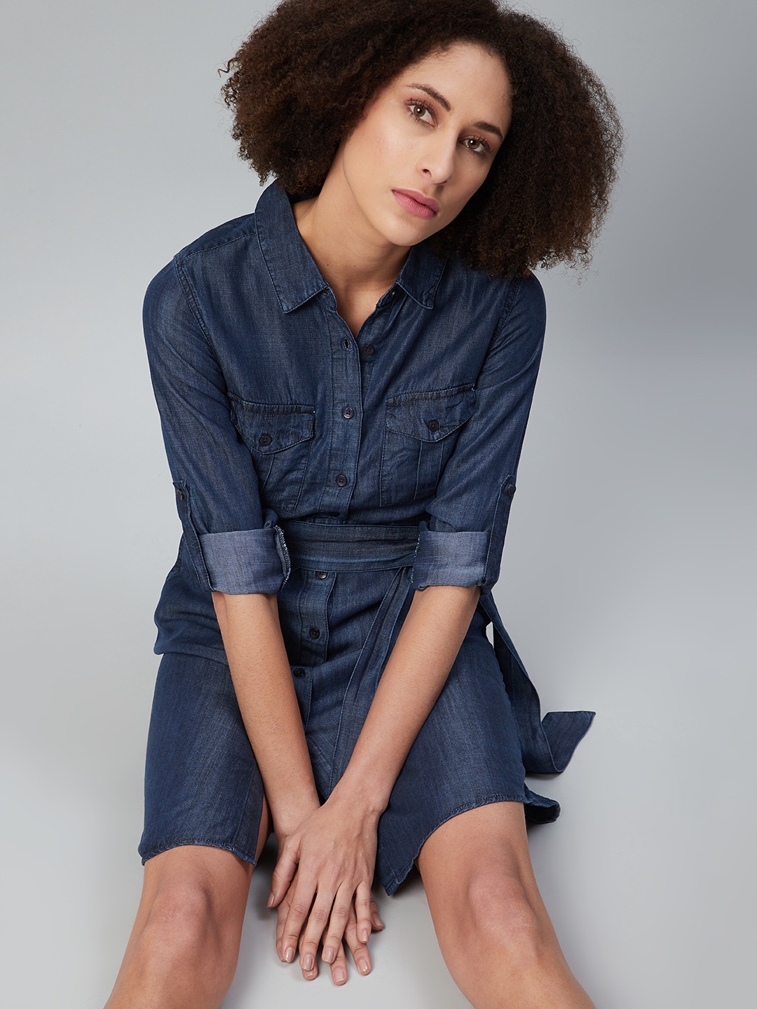 

The Roadster Lifestyle Co Women Navy Blue Tencel Denim Shirt Dress