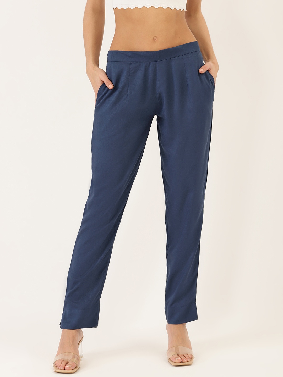 

Cottinfab Women Navy Blue Straight Fit Self Design Regular Trousers