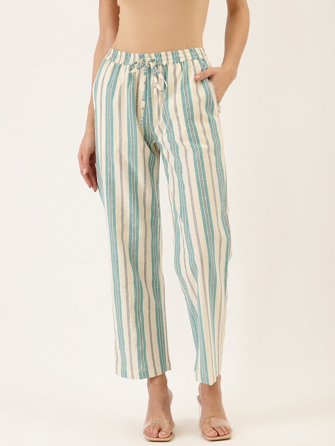 

Cottinfab Women Off-White & Green Cotton Striped Straight Palazzos