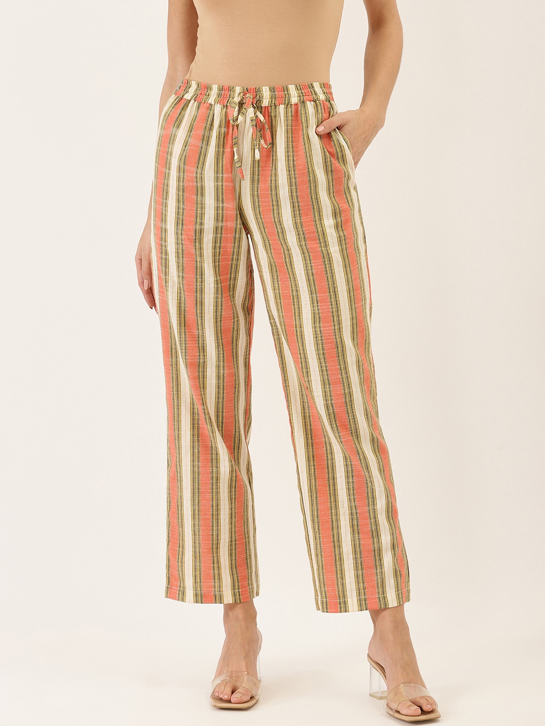 

Cottinfab Women Peach-Coloured & Off-White Cotton Striped Straight Palazzos