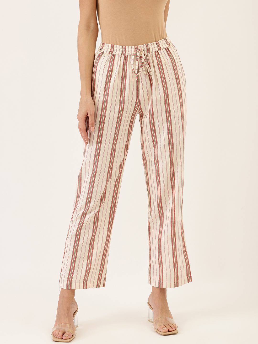 

Cottinfab Women Off-White & Red Cotton Striped Straight Palazzos