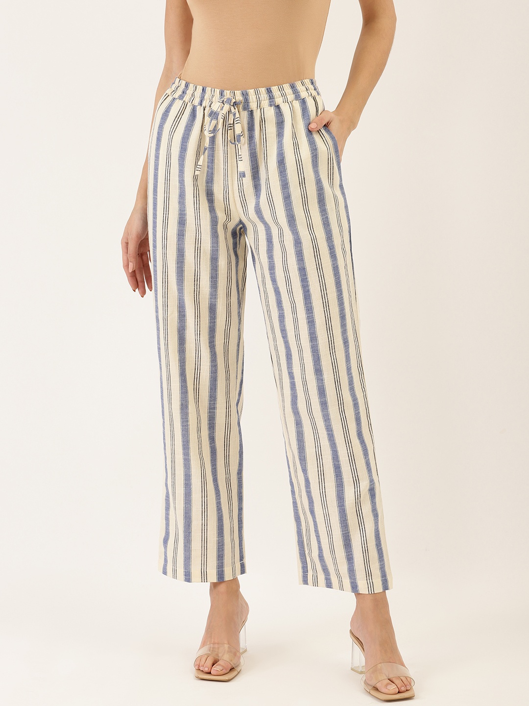 

Cottinfab Women Off-White & Blue Cotton Striped Straight Palazzos