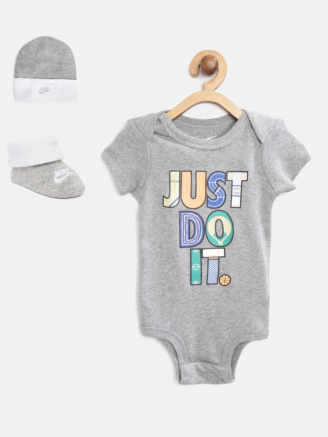 

Nike Infants Grey Melange Pure Cotton Typography Printed Bodysuit with Beanie & Booties
