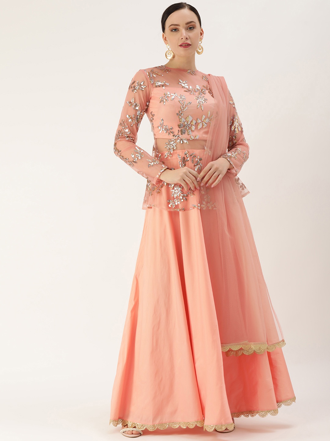 

Ethnovog Women Peach-coloured Golden Made To Measure Lehenga Choli With Dupatta