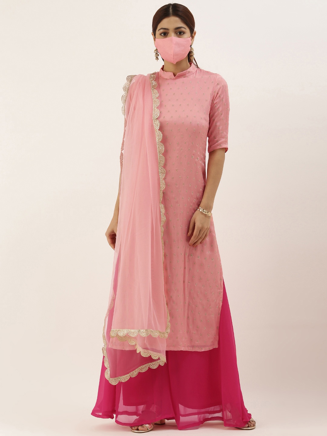 

Ethnovog Women Pink Gold-Toned Embroidered Kurta with Palazzos Dupatta