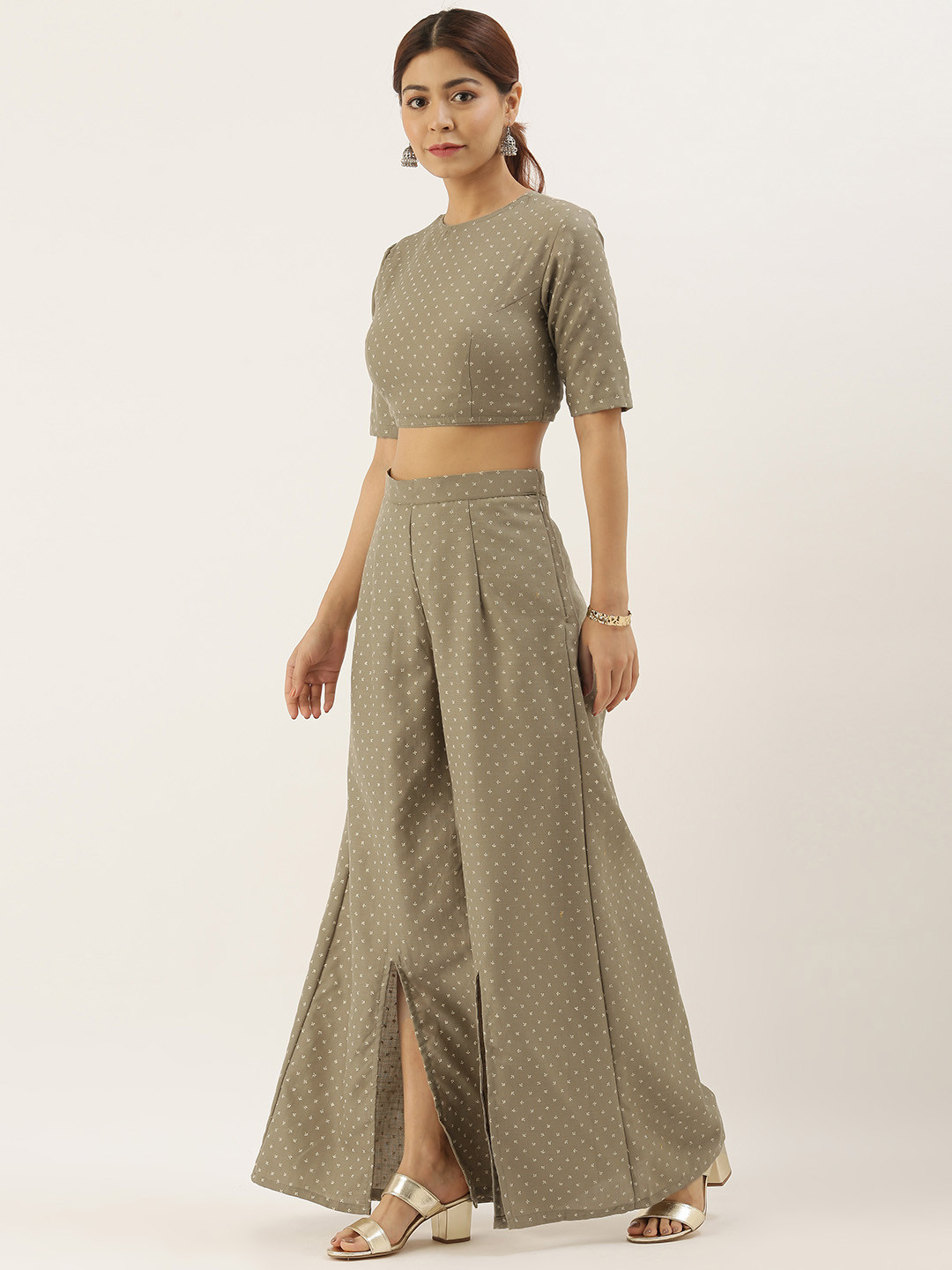 

Ethnovog Women Made To Measure Grey Grey Printed Top with Palazzos