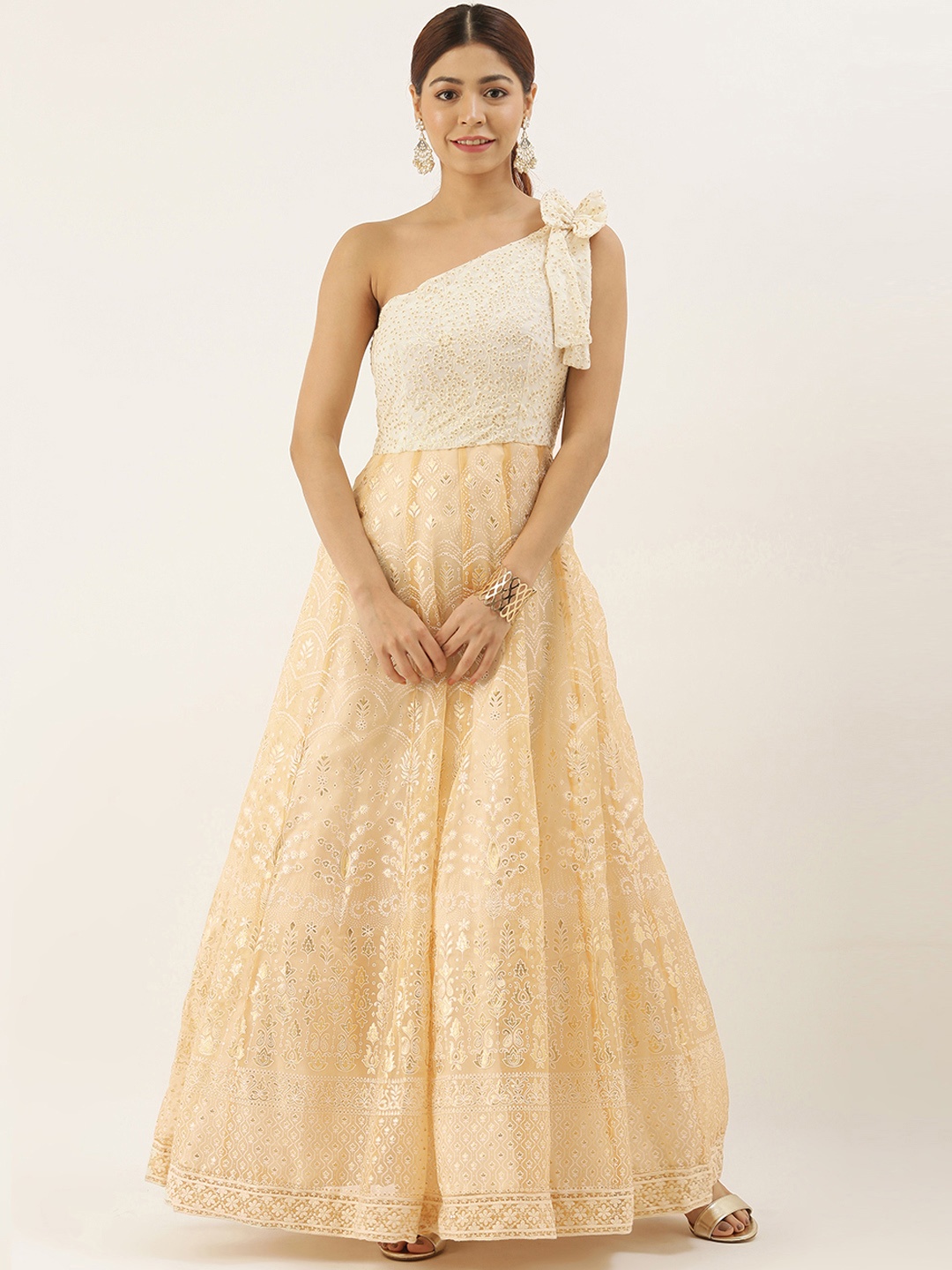 

Ethnovog Women Beige Embellished Made To Measure One-Shoulder Fit and Flare Dress