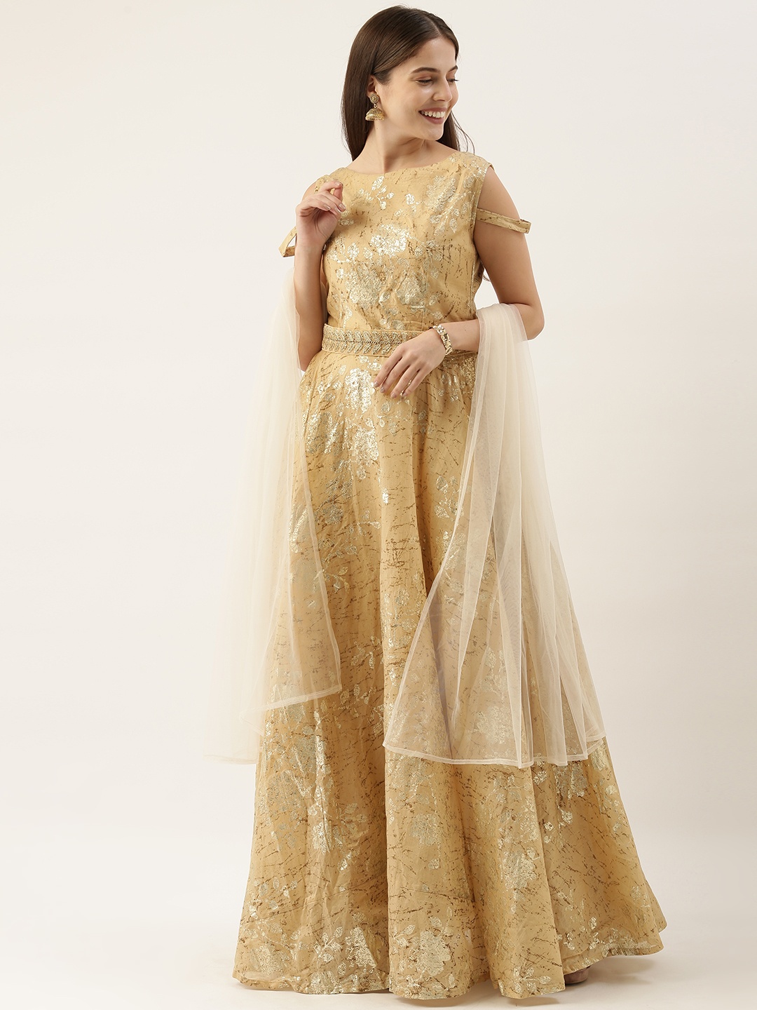 

Ethnovog Women Beige Foil Printed Made To Measure Fit and Flare Dress with Dupatta