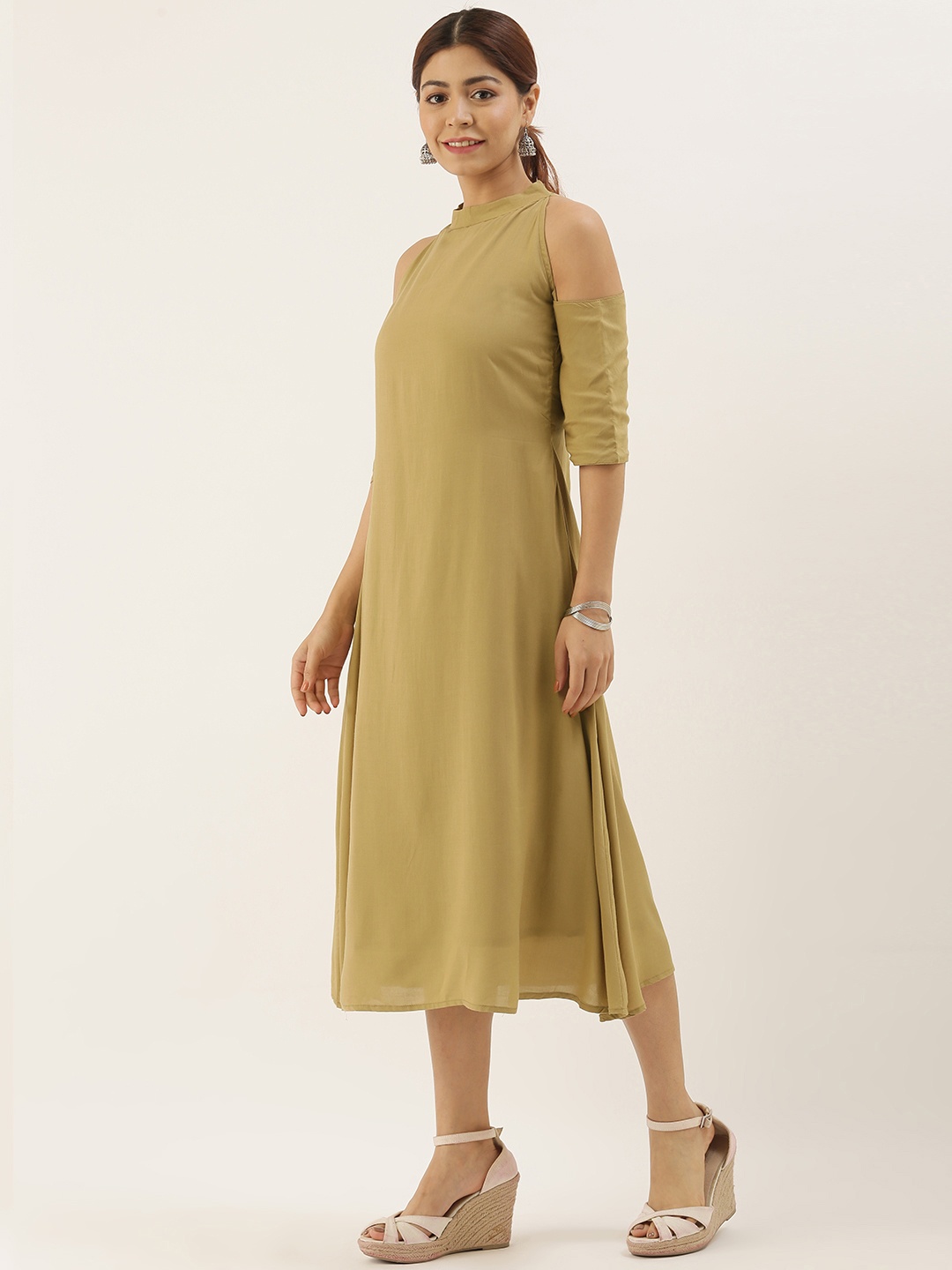 

Ethnovog Women Khaki Solid A-Line Dress
