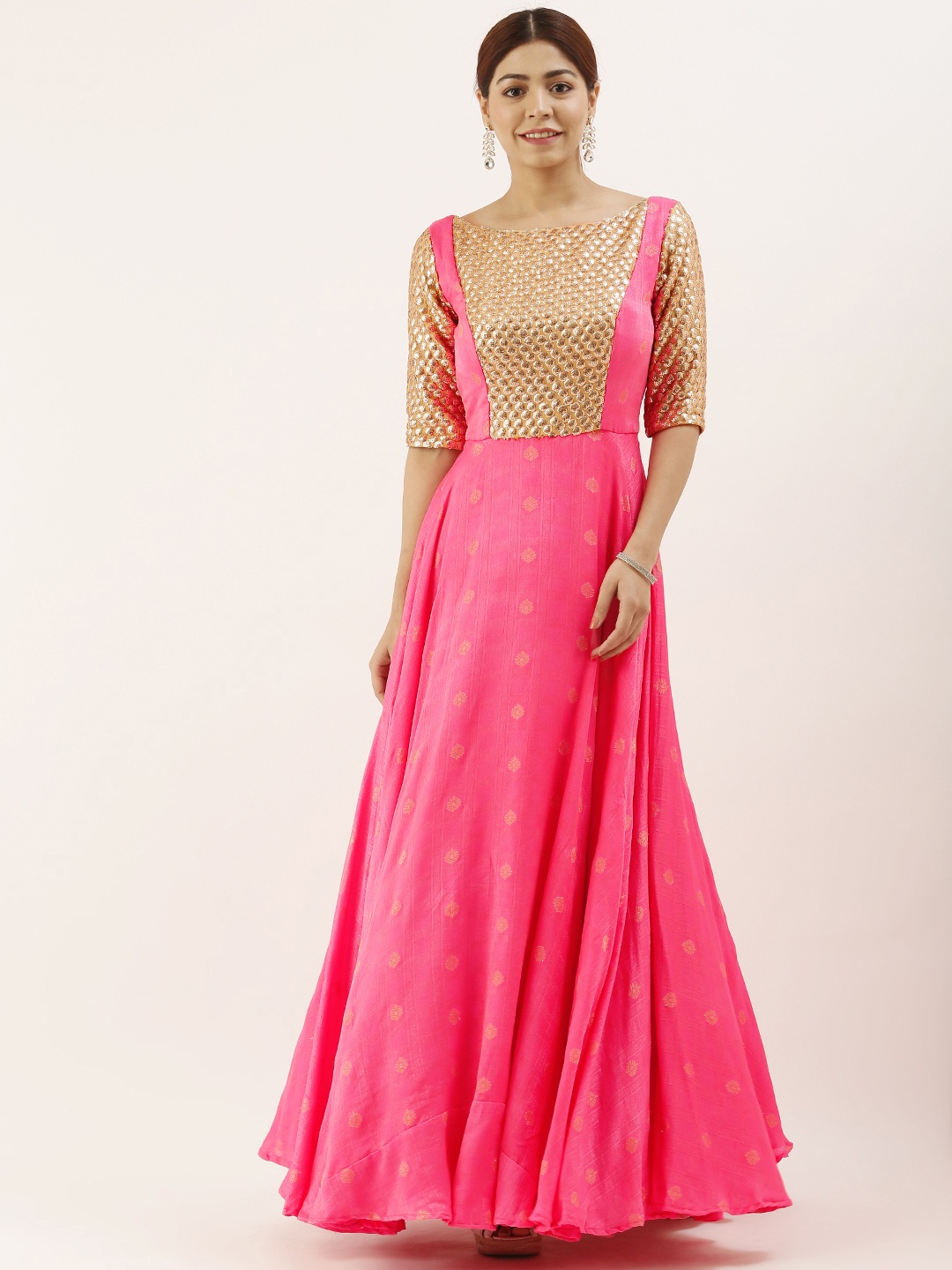 

Ethnovog Women Pink Golden Embellished Made To Measure Boat Neck Fit and Flare Dress
