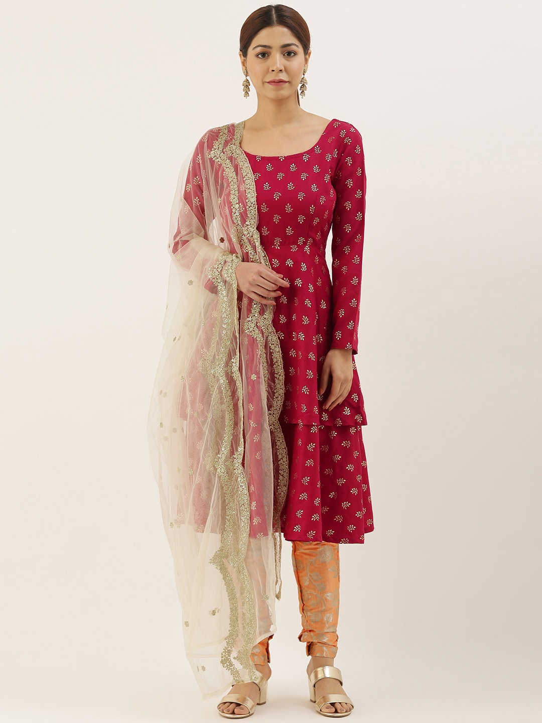 

Ethnovog Women Maroon Peach-Coloured Printed Kurta with Trousers Dupatta