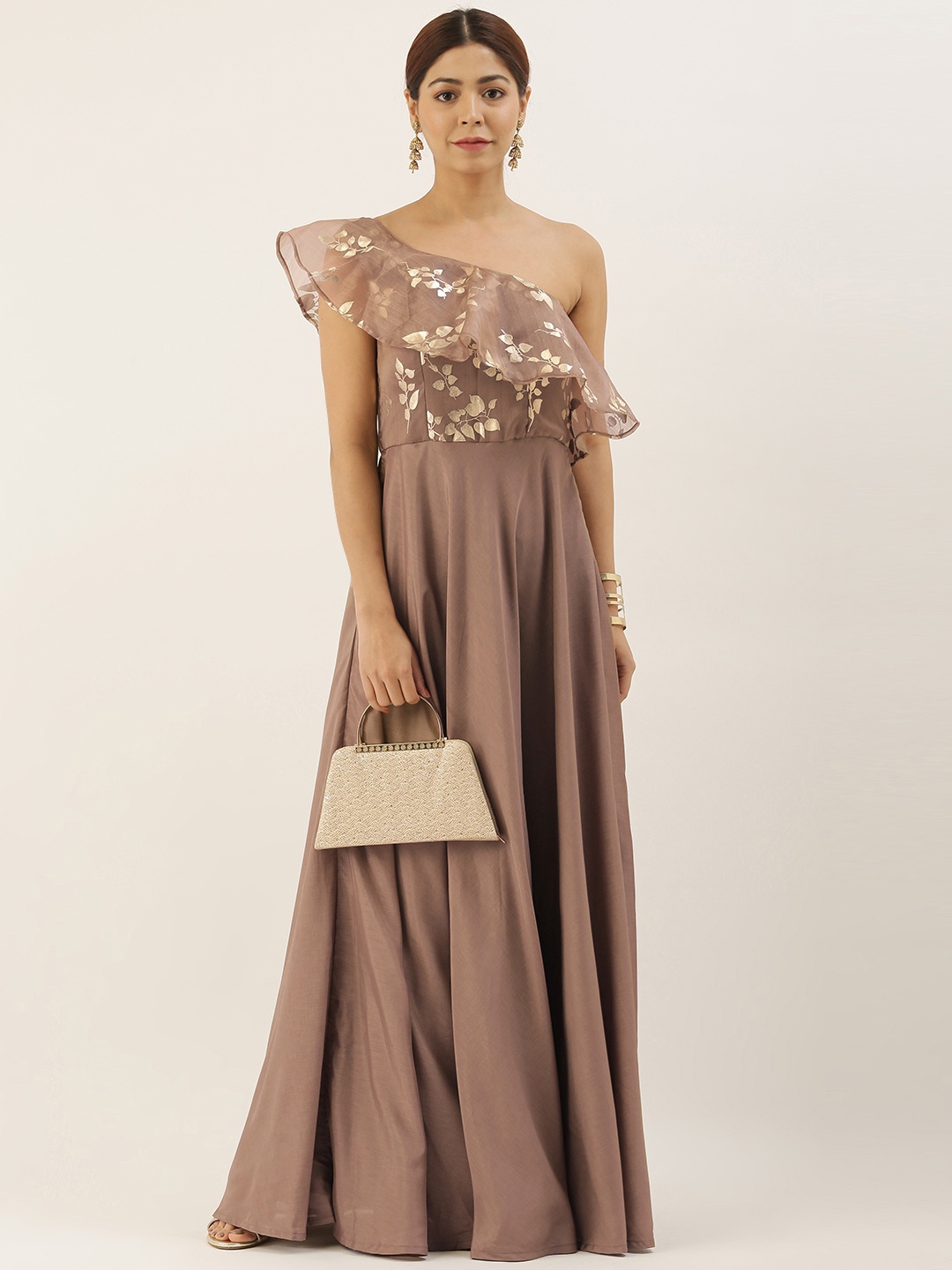 

Ethnovog Women Brown Foil Printed Fit and Flare Dress