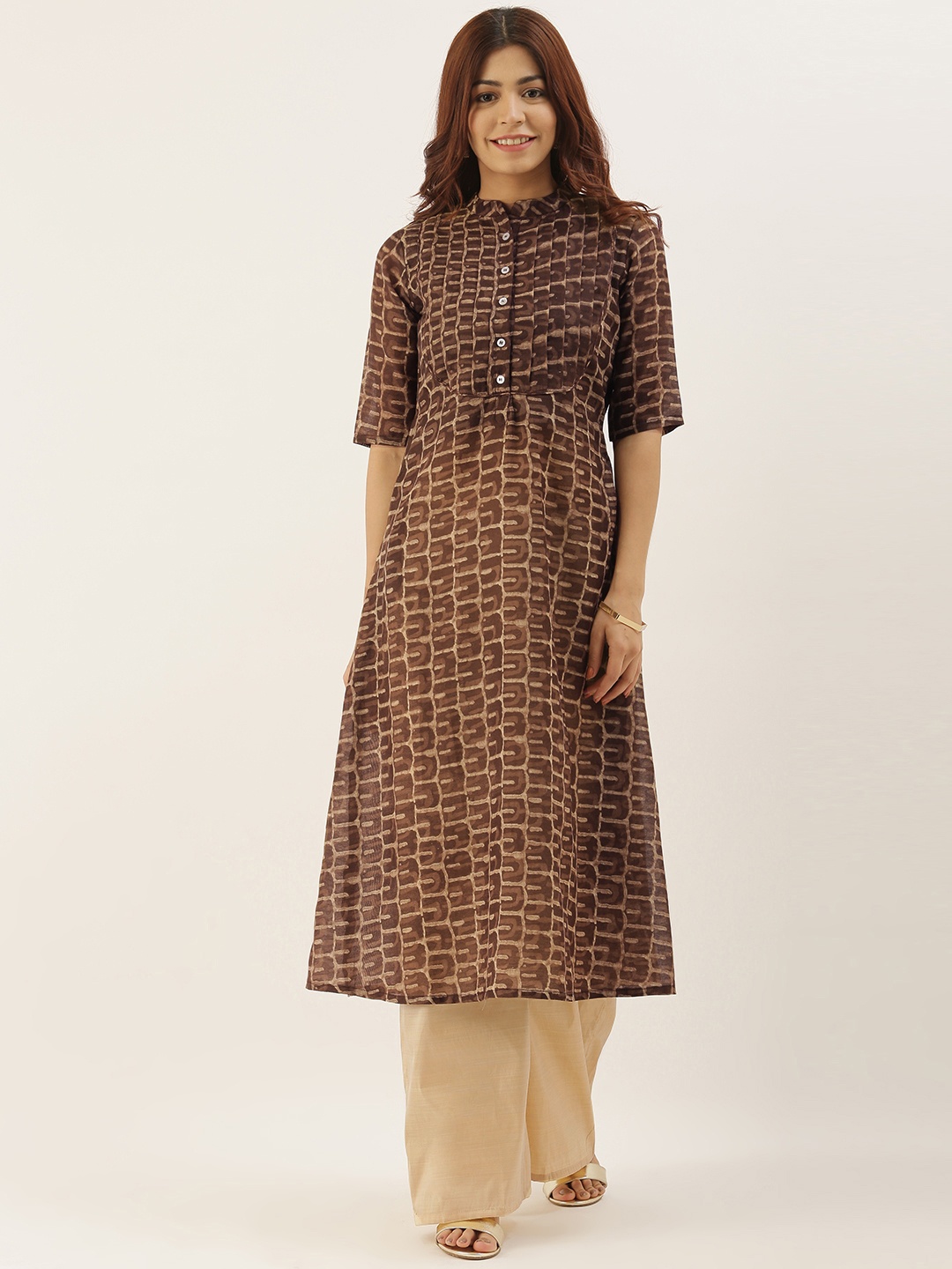 

Ethnovog Women Brown Beige Printed Made To Measure A-Line Kurta