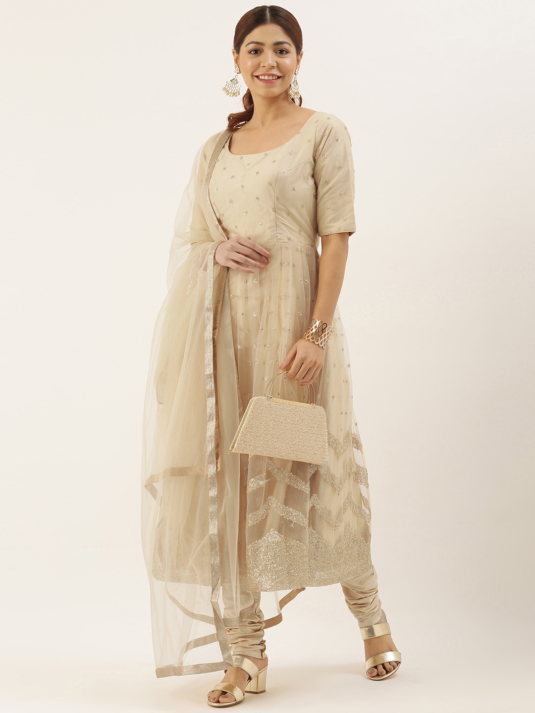 

Ethnovog Women Beige Embroidered Kurta with Pyjamas Dupatta