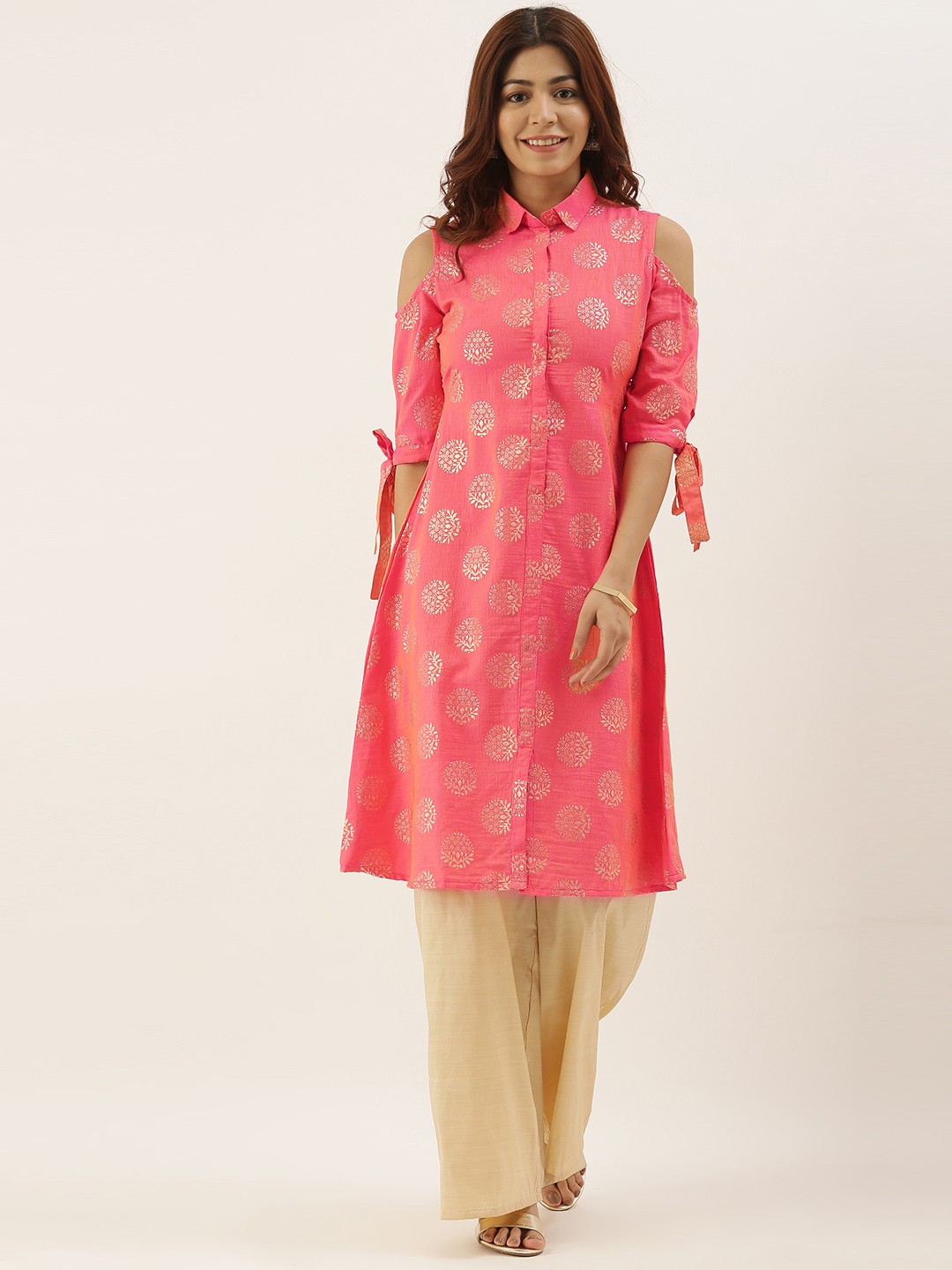 

Ethnovog Women Pink Gold Foil Print Made To Measure Cold-Shoulder Sleeve A-Line Kurta