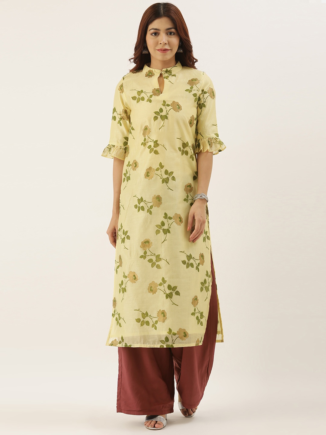 

Ethnovog Women Yellow Green Floral Foil Printed Made To Measure Straight Kurta