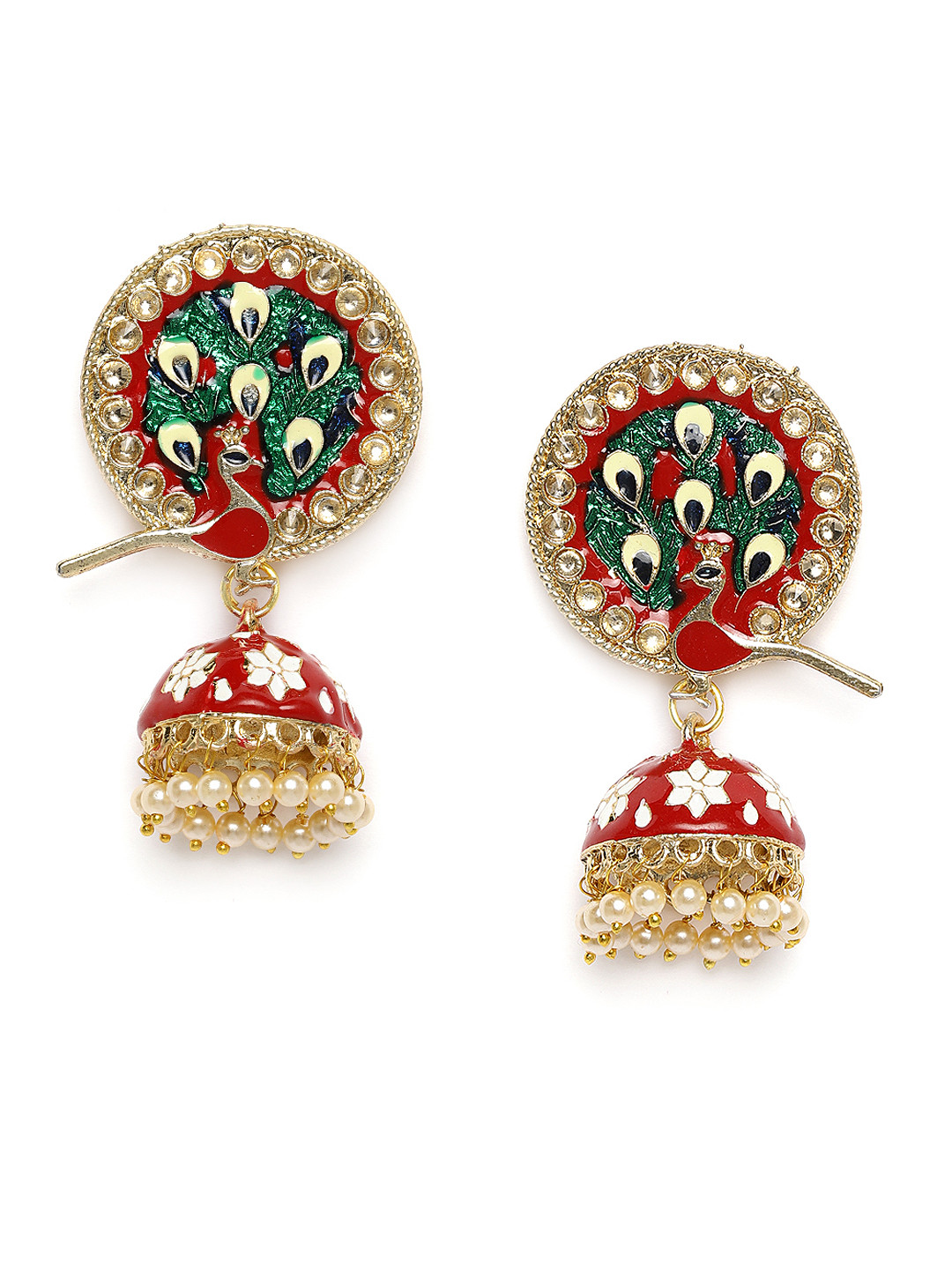 

Kord Store Red & Green Gold-Plated Meenakari Dome Shaped Jhumkas