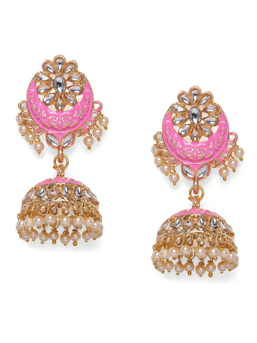 

Kord Store Gold-Plated Pink Meenakari Studded Dome Shaped Jhumkas