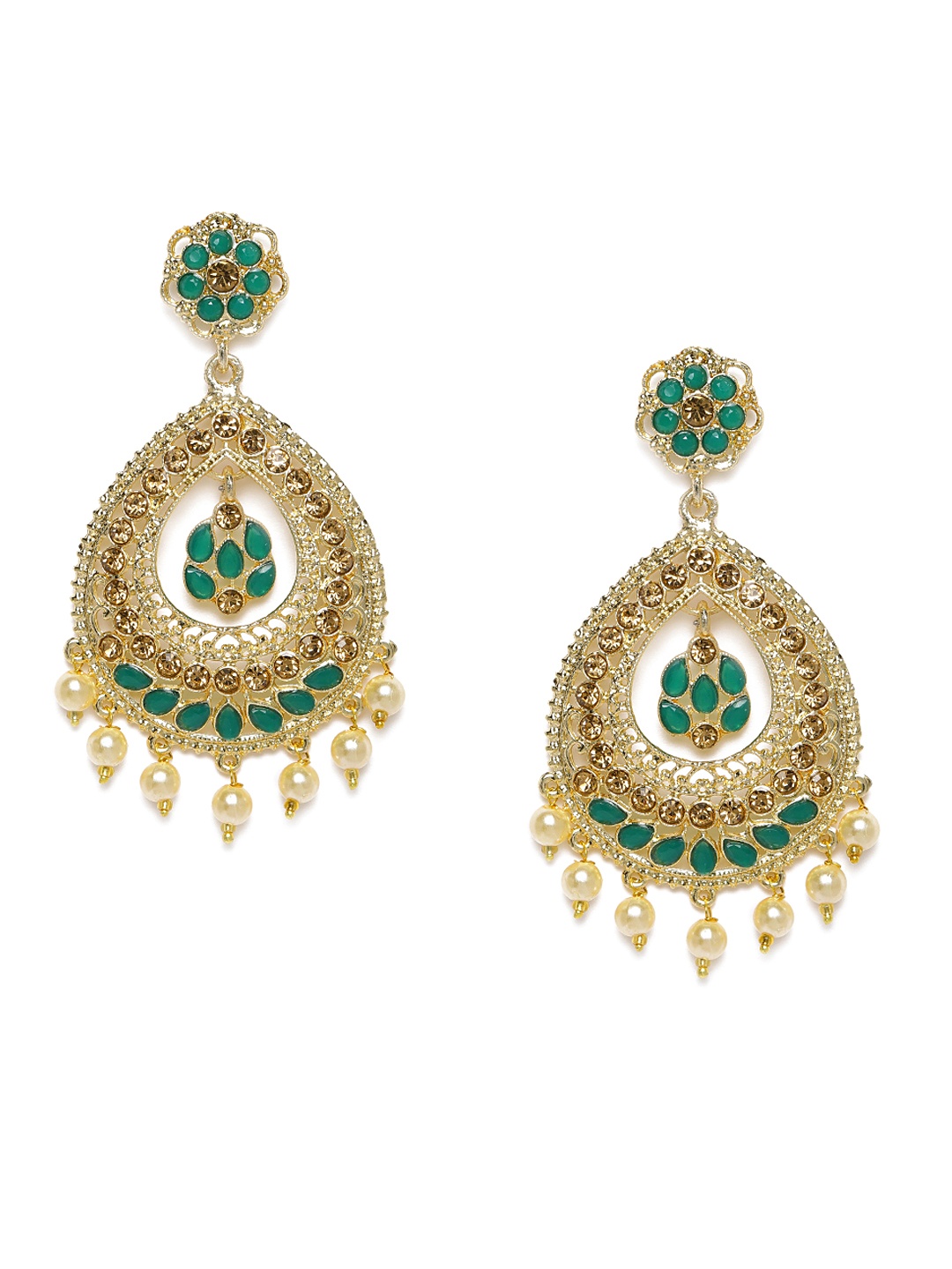 

Kord Store Green Gold-Plated Stone Studded Teardrop Shaped Drop Earrings