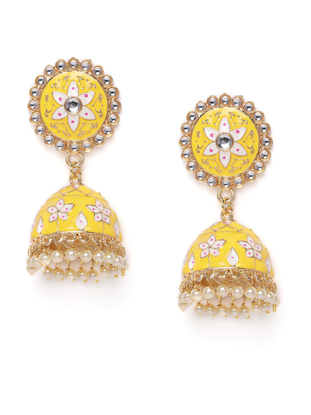 

Kord Store Yellow & White Gold Plated Meenakari Dome Shaped Jhumkas