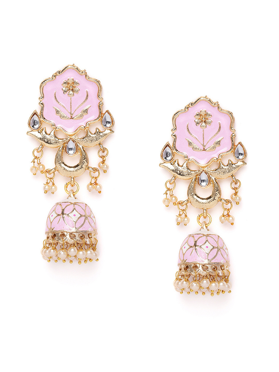 

Kord Store Gold-Plated Pink Meenakari Studded Dome Shaped Jhumkas
