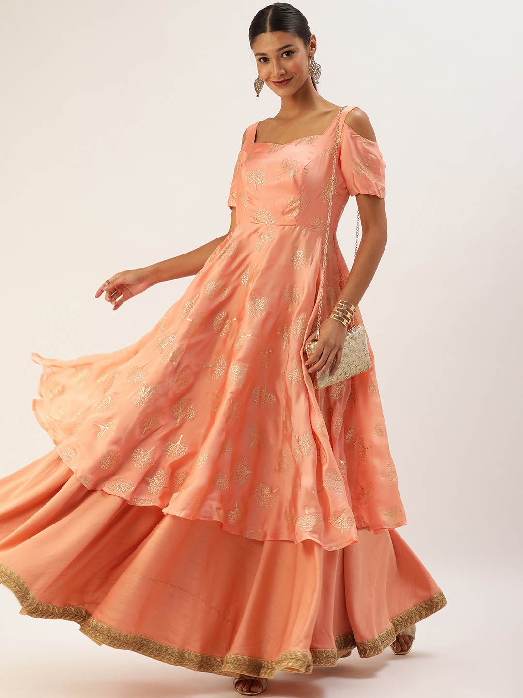 

Ethnovog Peach-Coloured Gold-Toned Floral Georgette Ethnic Midi Dress