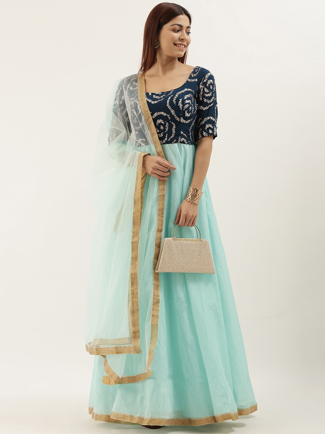 

Ethnovog Women Blue Embellished Made To Measure Anarkali Kurta with Trousers Dupatta