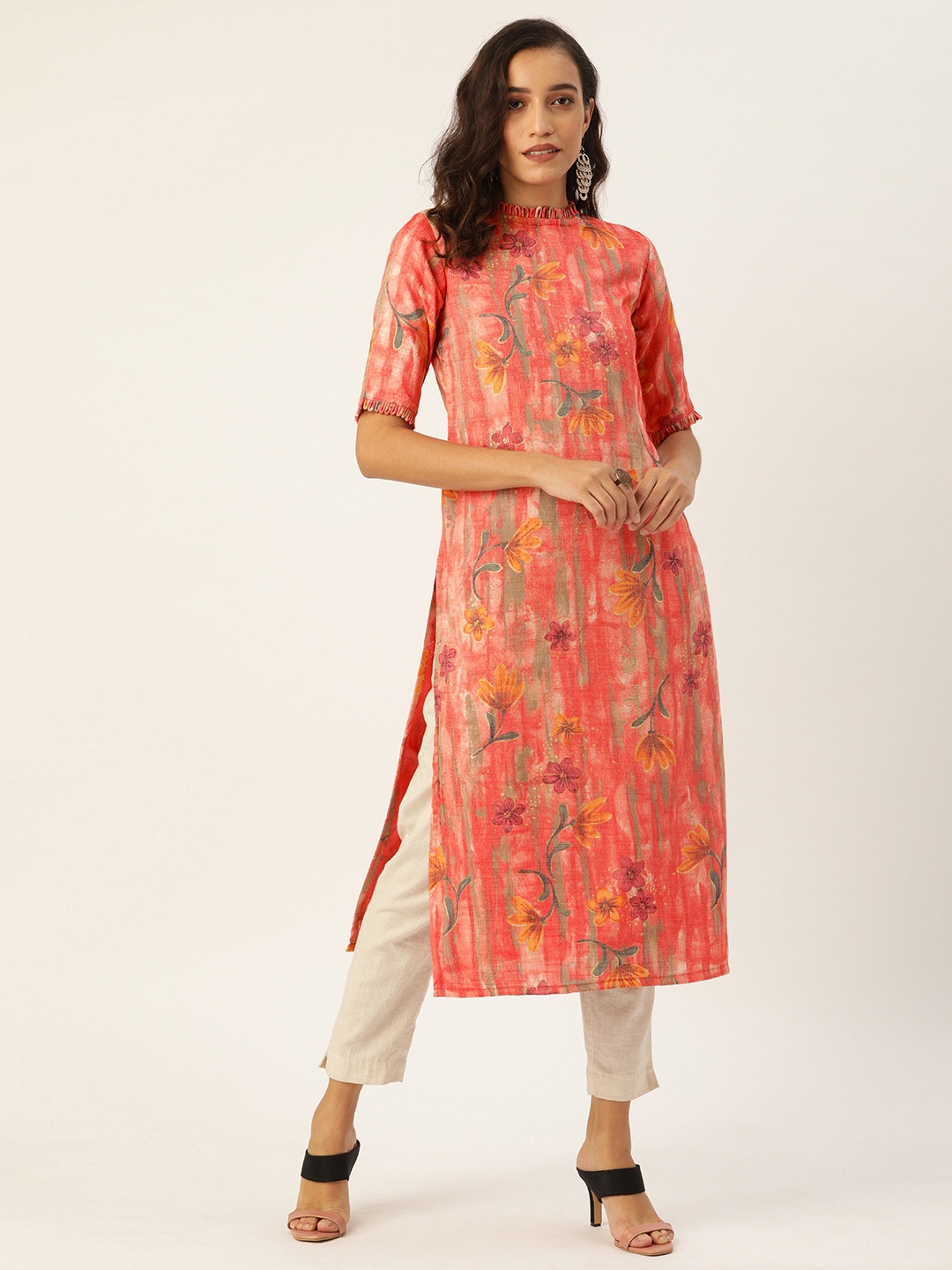 

Ethnovog Women Pink Yellow Printed Made To Measure A-Line Kurta