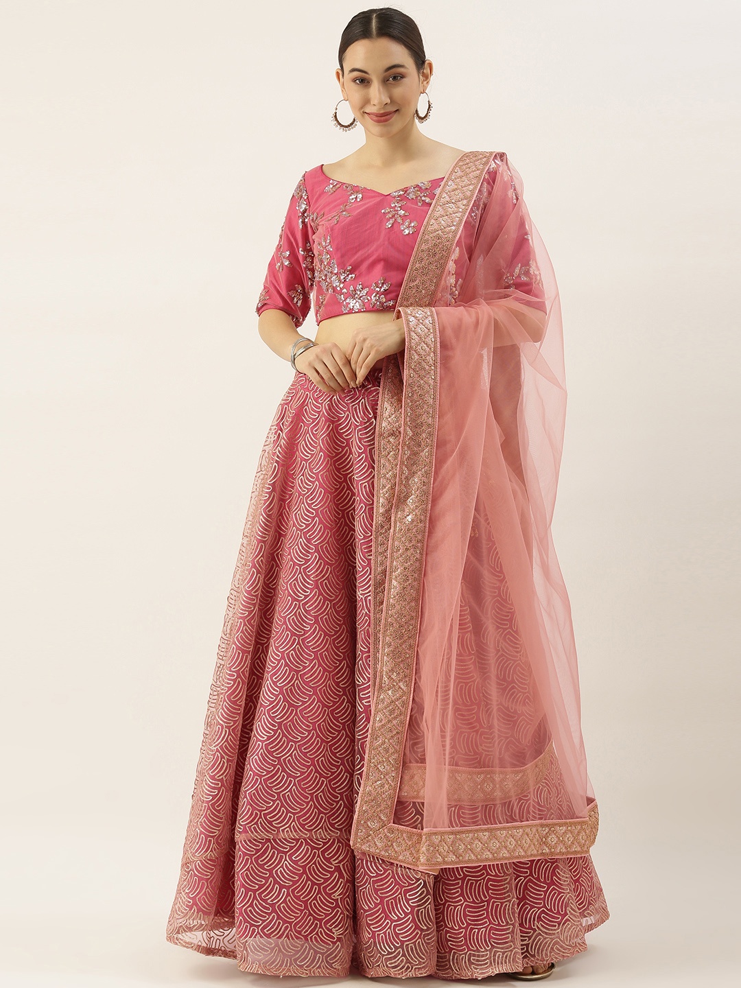 

EthnoVogue Peach & Pink Embellished Sequinned Made to Measure Lehenga & Blouse With Dupatta