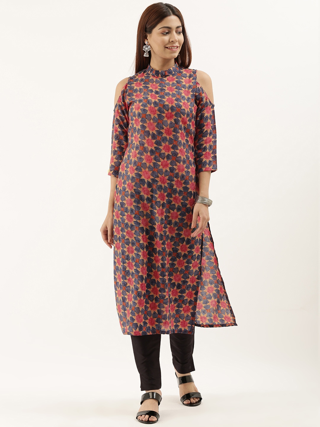 

Ethnovog Women Pink Black Printed Made To Measure Kurta with Trousers