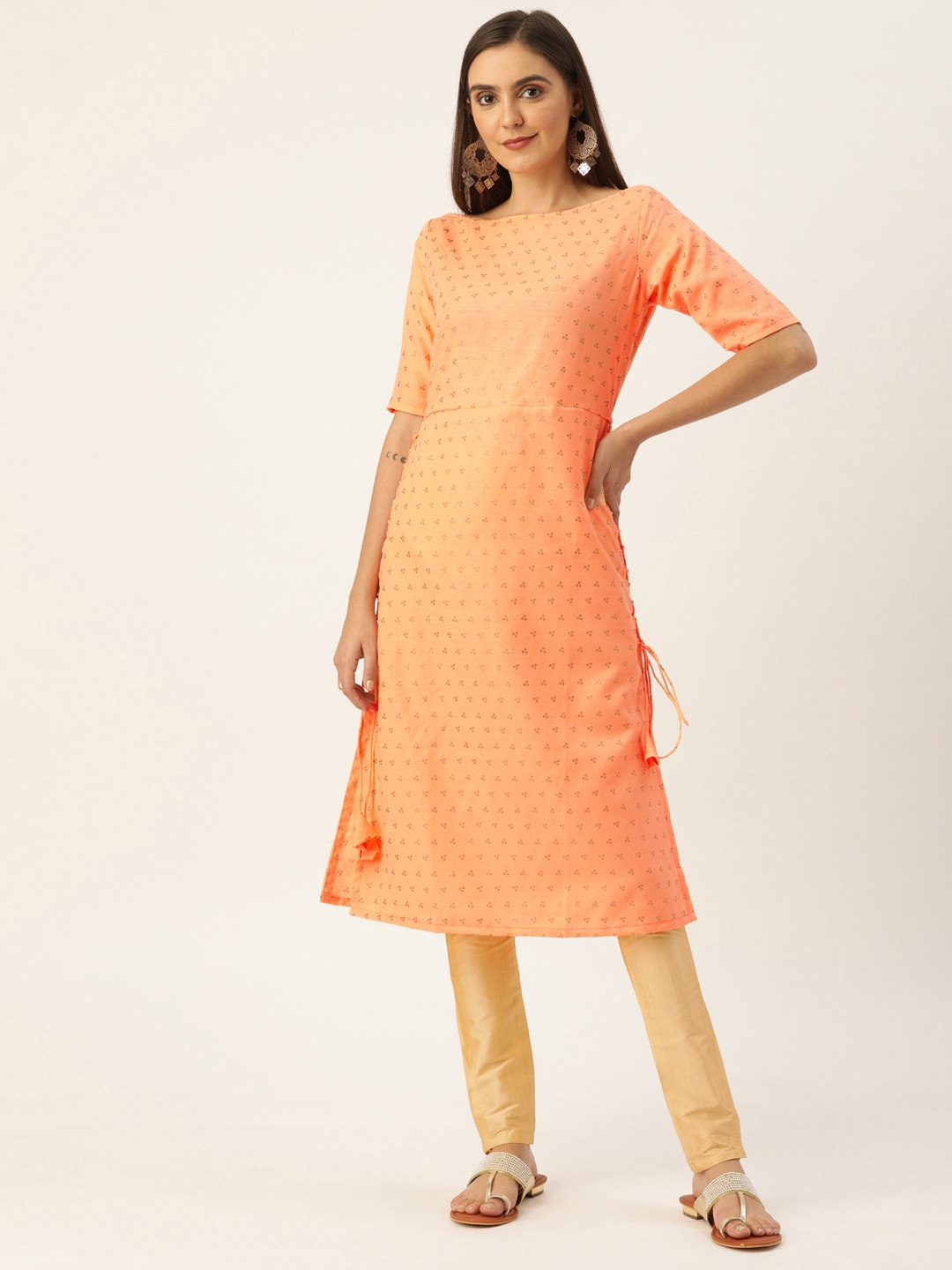 

Ethnovog Women Peach-Coloured Beige Printed Made To Measure Kurta with Churidar