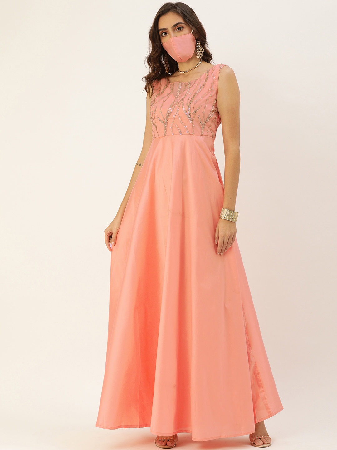 

Ethnovog Women Peach-Coloured Embellished Made To Measure Maxi Dress