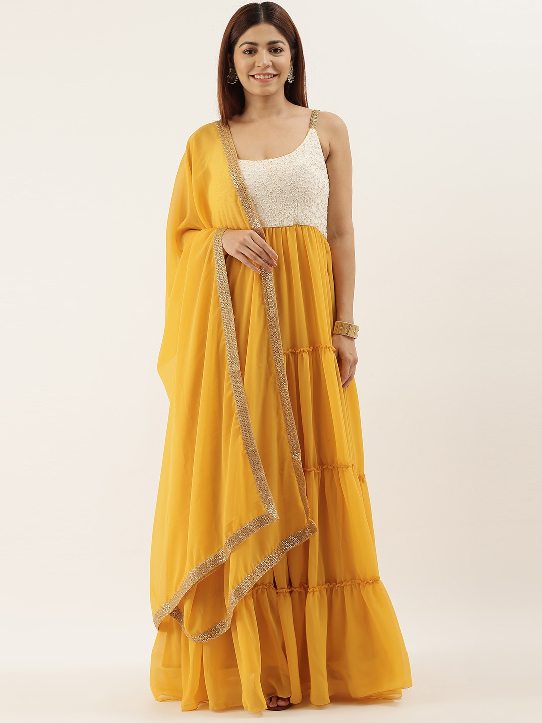 

Ethnovog Women White Mustard Yellow Embroidered Made To Measure A-Line Kurta Set