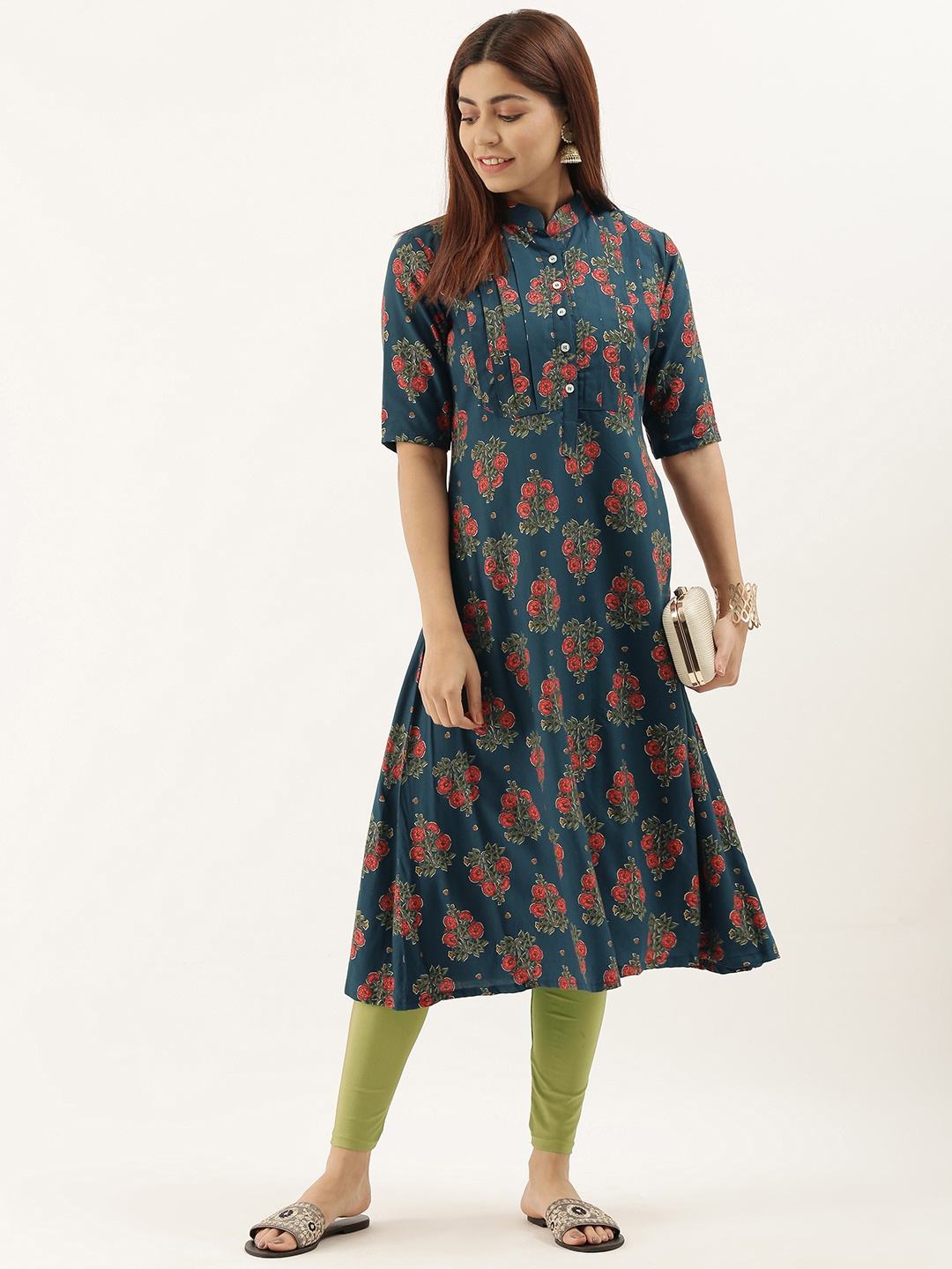 

Ethnovog Women Teal Blue Red Floral Printed A-Line Kurta