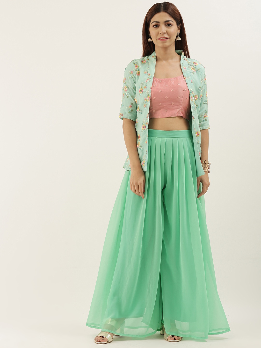 

Ethnovog Women Sea Green Pink Embroidered Top Palazzos With Jacket